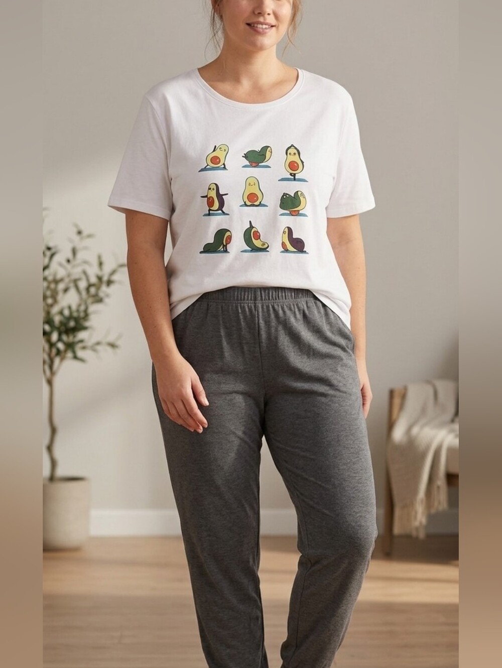 Funky Cute Avocado Yoga Print Short-Sleeve White Graphic T-Shirt - Sz 3X